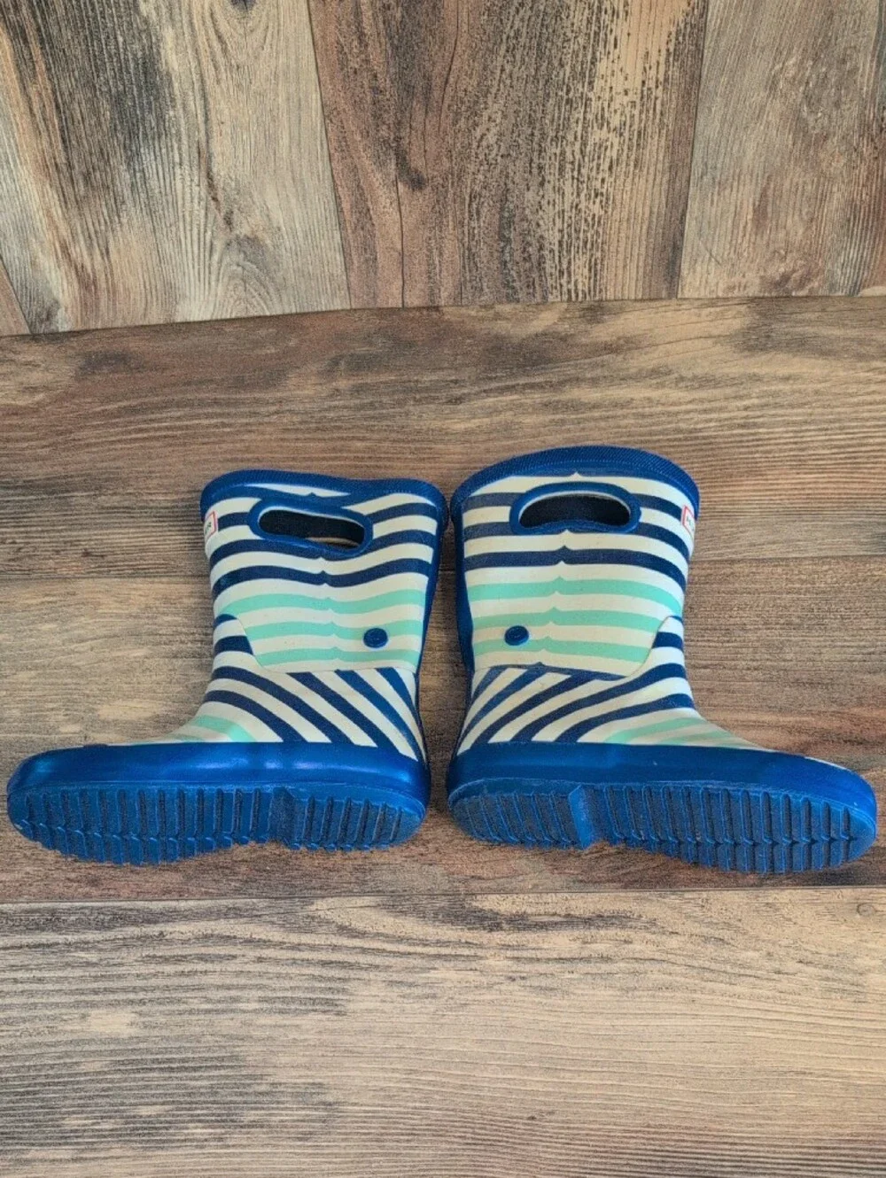 Hunter Kids Navy and Mint Striped Rain Boots Kids 11     619A